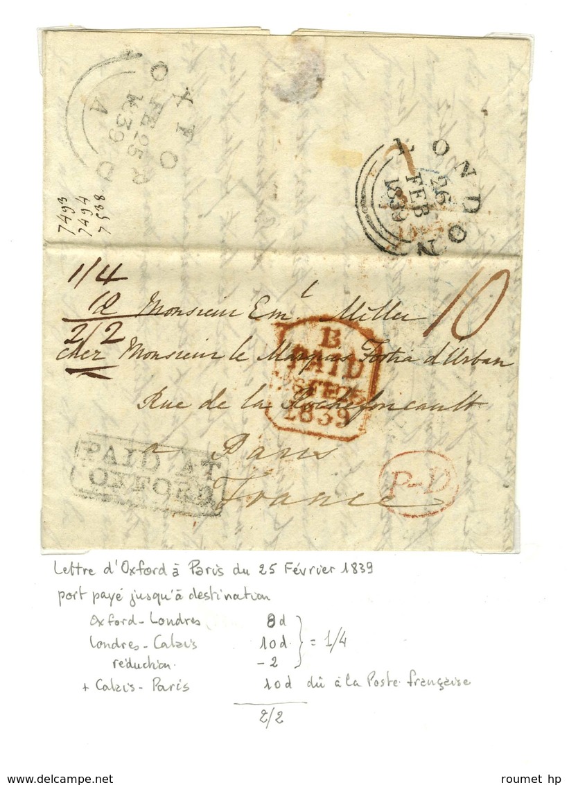 Lettre Avec Texte Daté D'Oxford Pour Paris Le 25 Février 1839. Au Recto, Marque Postale Encadrée PAID / AT / OXFORD. - T - Other & Unclassified