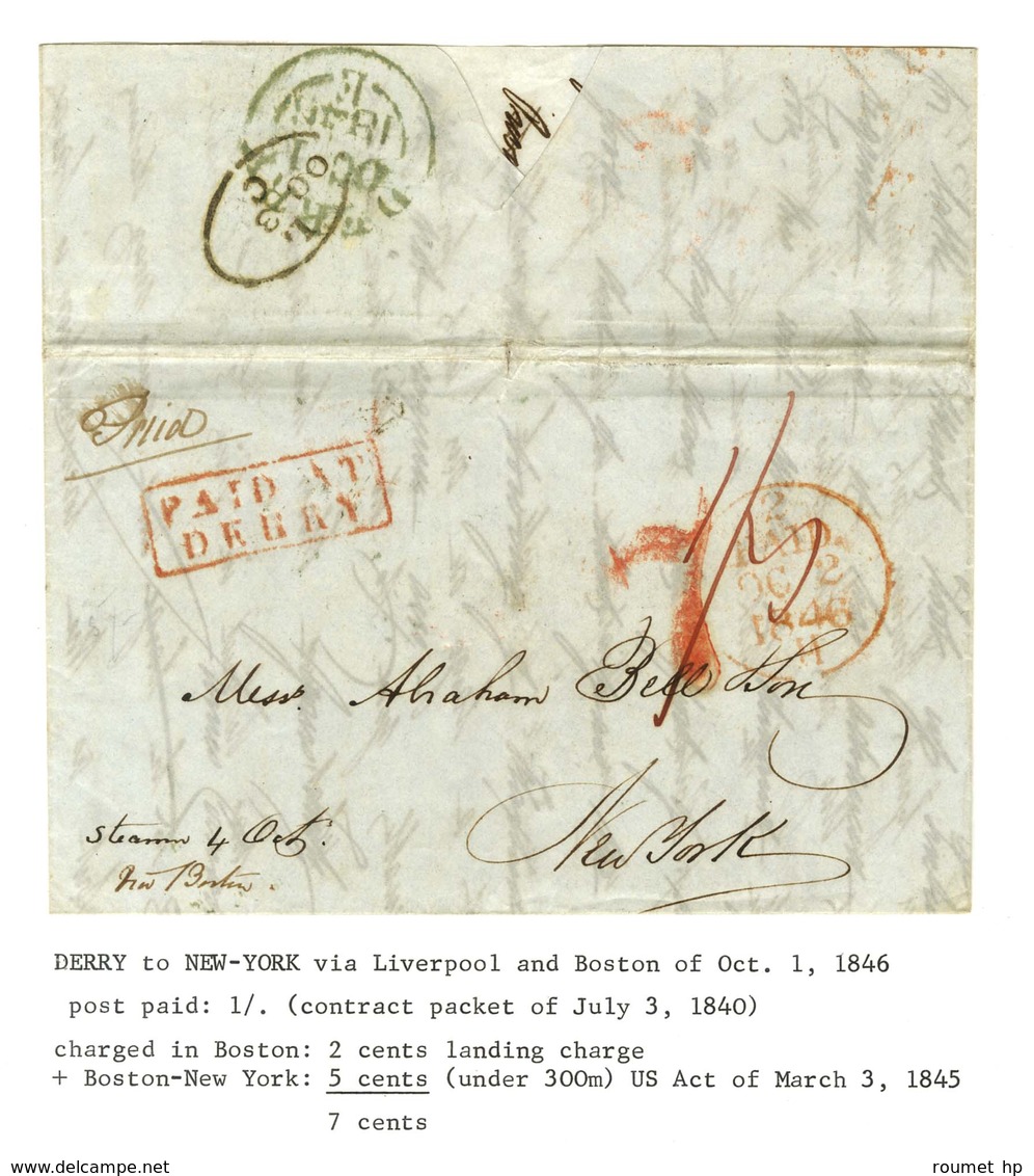 Lettre Avec Texte Daté De Derry Vers New York Via Liverpool Et Boston Le 1er Octobre 1846. Au Recto Marque Postale Rouge - Other & Unclassified