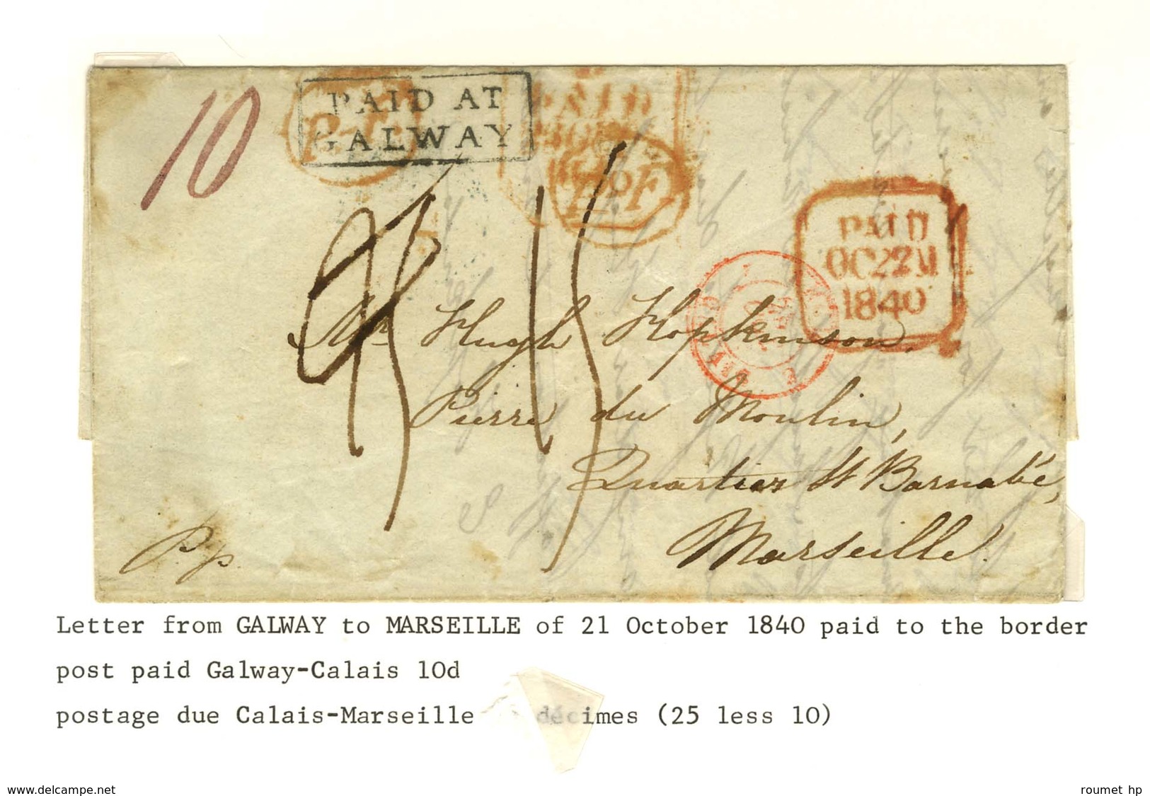 Lettre Avec Texte Daté De Galway Le 21 Octobre 1840 Pour Marseille. Au Recto, Marque Postale Encadreée PAID AT / GALWAY. - Other & Unclassified