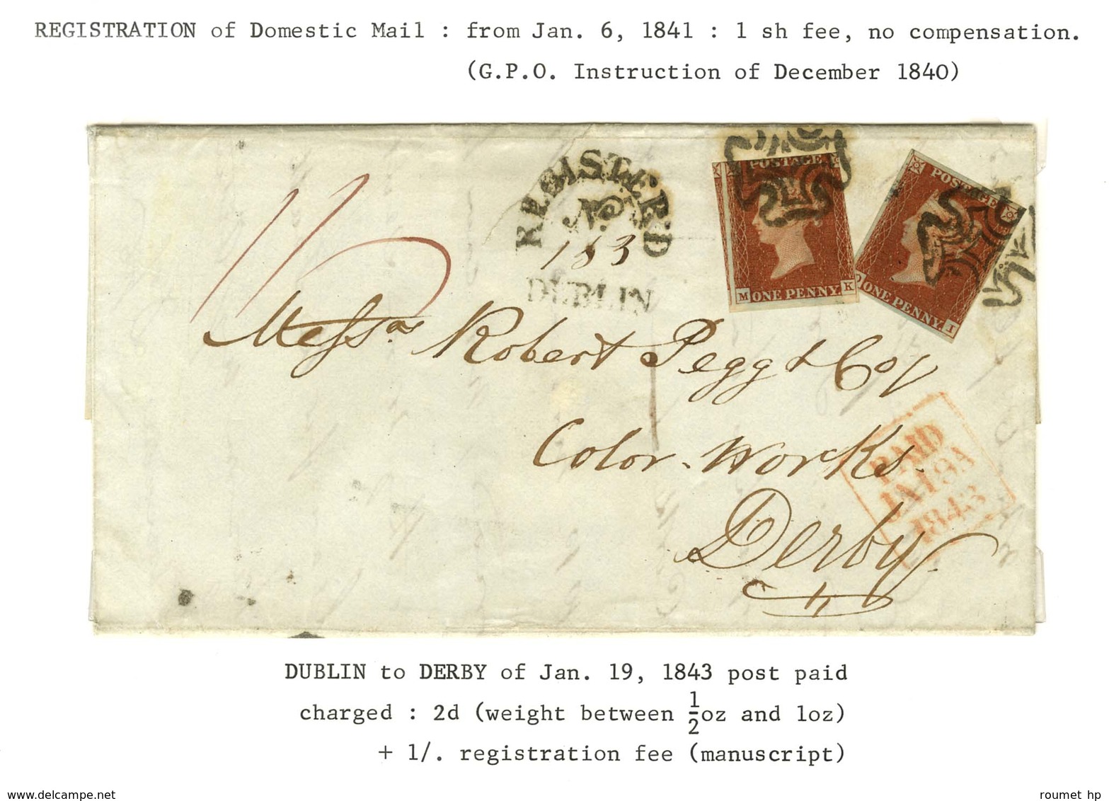 Lettre Chargée De Dublin Affranchie Avec 2 Exemplaires Du One Penny. 1843. - TB. - R. - Other & Unclassified