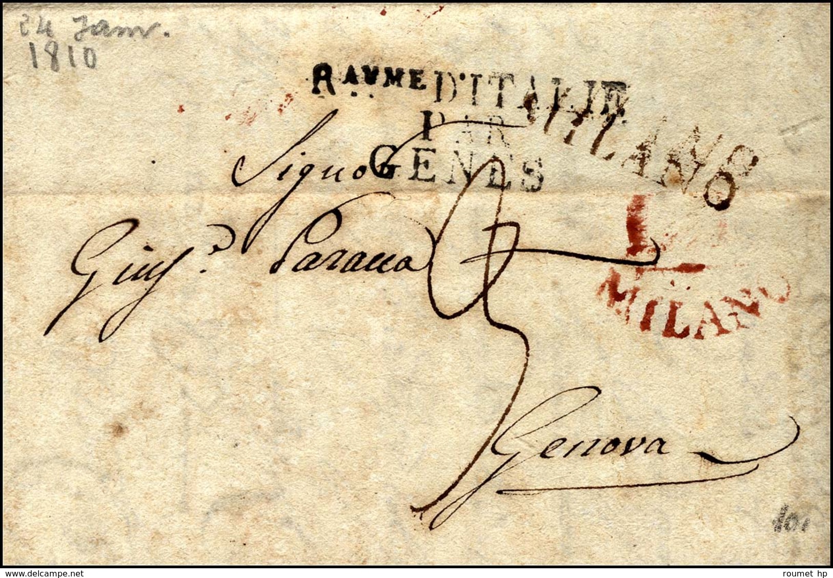 MILANO Sur Lettre Avec Texte De Milan Pour Gênes, MP D’entrée RAUME D’ITALIE / PAR / GENES. 1810. - TB. - Other & Unclassified