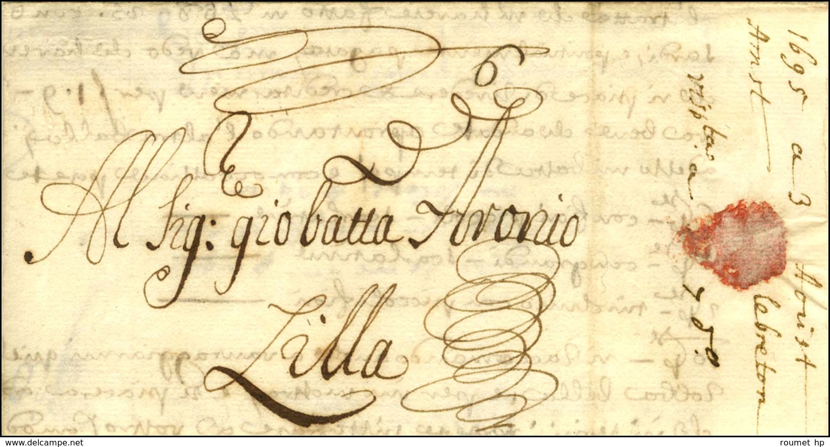 Lettre Avec Texte Daté D'Amsterdam 1695 Pour Lille, Au Recto Mention De Taxe. - TB / SUP. - Other & Unclassified