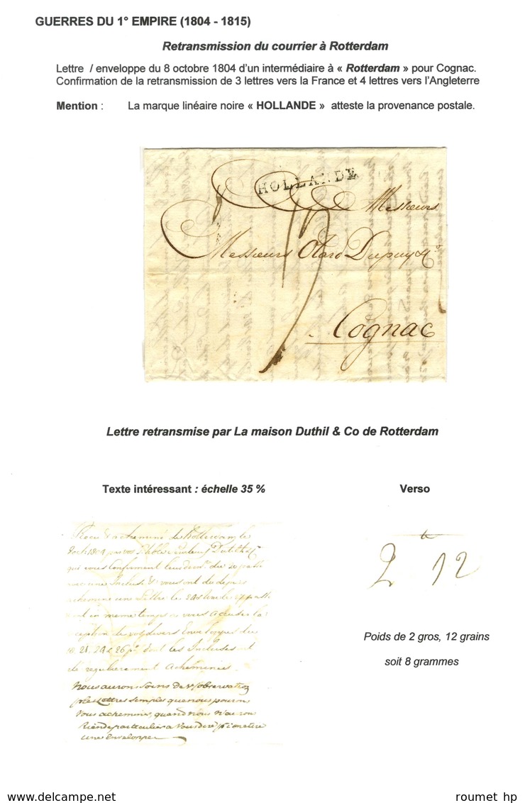 Lettre Datée Du 8 Octobre 1804 D'un Intermédiaire à Rotterdam Pour Cognac Confirmant La Retransmission De 3 Lettres Vers - Other & Unclassified