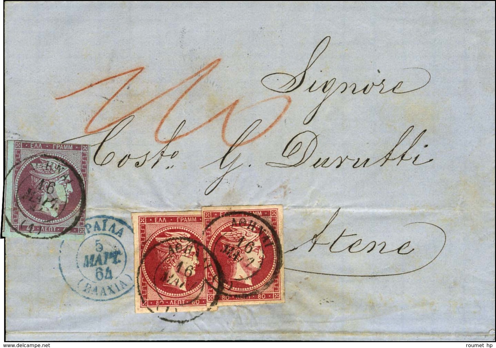 Cachet Bleu Du Bureau Russe D'Ibraïla Sur Lettre Non Affranchie Pour Athènes. Au Recto, Grèce 40 Lep + 80 Lep (2) Obl à  - Other & Unclassified