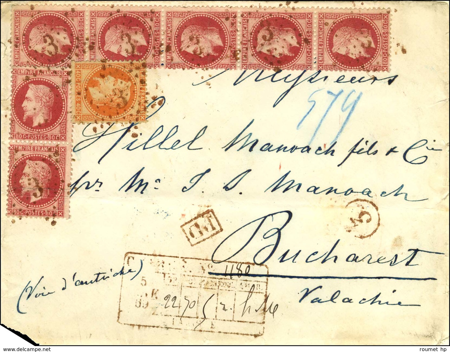 Etoile 3 Rouge / N° 31 + 32 Paire + Bande De 5 Sur Devant De Lettre Chargée Pour Bucarest Valachie. Au Recto, Descriptif - Other & Unclassified