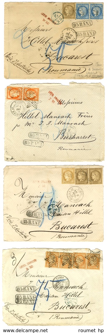 Lot De 4 Devants De Lettres Insuffisamment Affranchies Pour Bucarest Roumanie, Chacune Avec Marque D'échange. Bel Ensemb - Otros & Sin Clasificación