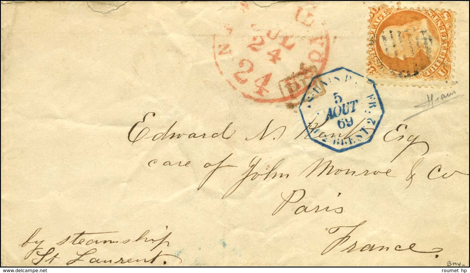 Grille / Etats Unis 30 Cents Orange Sur Lettre Pour Paris. Càd D'entrée Octo Bleu 2 ETATS UNIS PAQ. FR. 2 / BREST. 1869. - Other & Unclassified