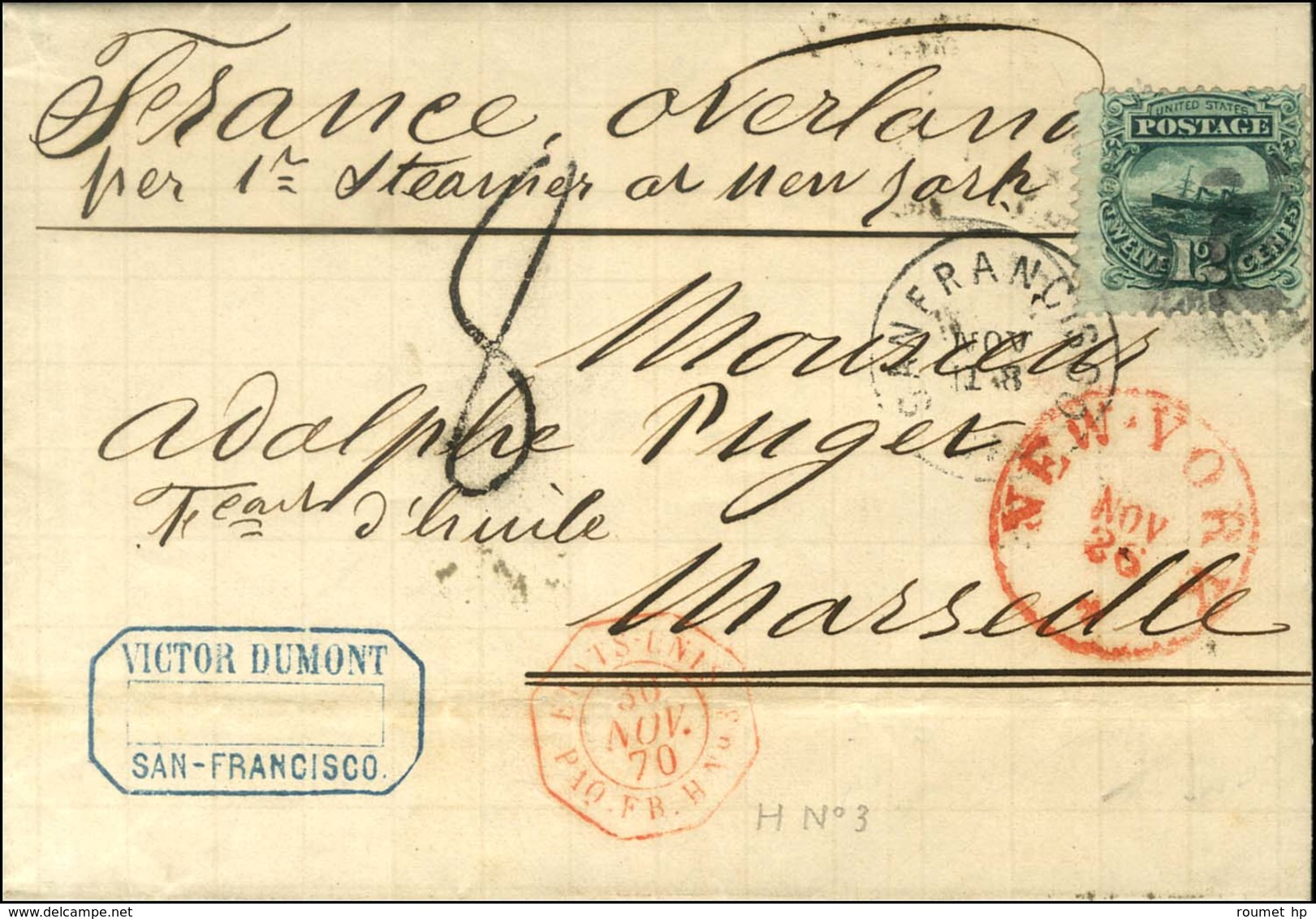 Obl / Etats Unis N° 34 12 Cents Vert Sur Lettre Avec Texte Insuffisamment Affranchie De San Francisco Pour Marseille. Au - Other & Unclassified