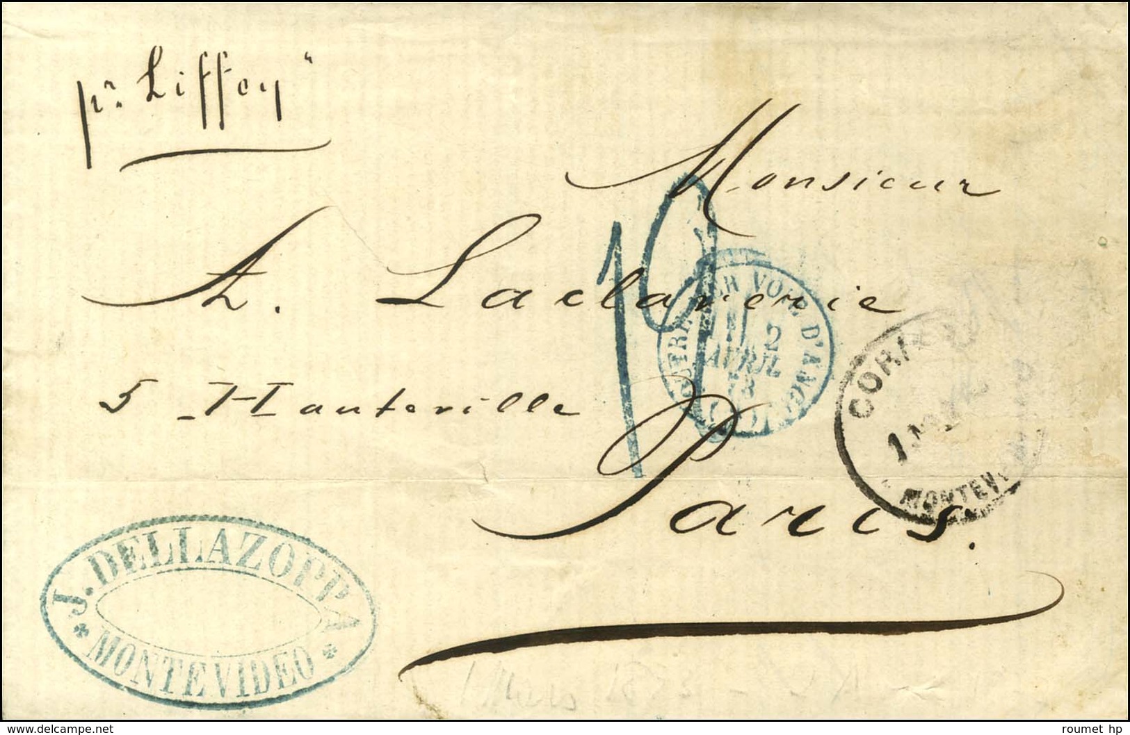 Lettre Avec Texte Daté De Montevideo Le 1er Mars 1873 Pour Paris. Au Recto, Càd D'entrée Bleue OUTRE MER VOIE D'ANGL.et  - Other & Unclassified