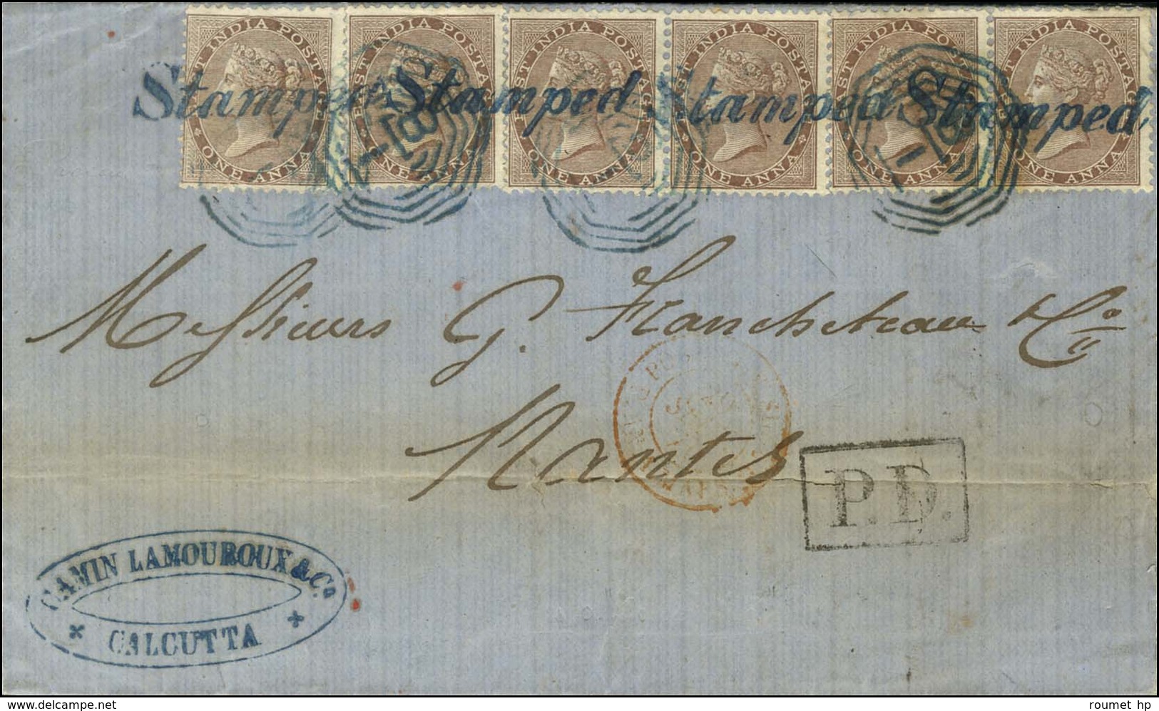 Griffe Bleue Stamped + Cachet / TP Inde Anglaise N° 35 (6) Sur Lettre Avec Texte Daté De Calcutta Le 3 Septembre 1870 Po - Other & Unclassified