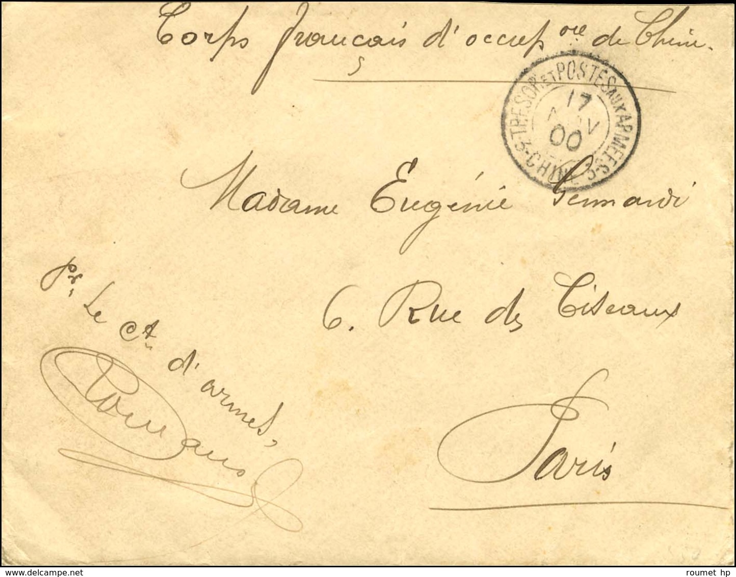 Càd 3 TRESOR Et POSTES Aux ARMEES 3 / CHINE 17 NOV 00 Sur Lettre En Franchise Militaire Pour Paris. Au Recto Mention Man - Other & Unclassified