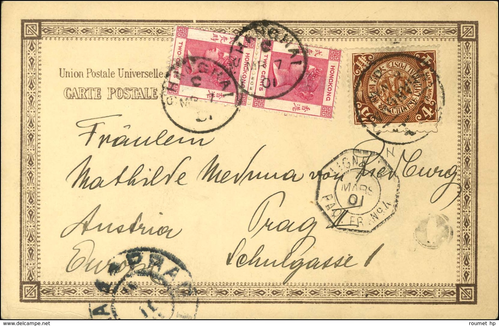 Càd SHANGHAI / Chine 4 Cents + Càd SHANGHAI / Hong Kong N° 33 (2) Sur Carte En Affranchissement Mixte Pour Prague. 1901. - Other & Unclassified