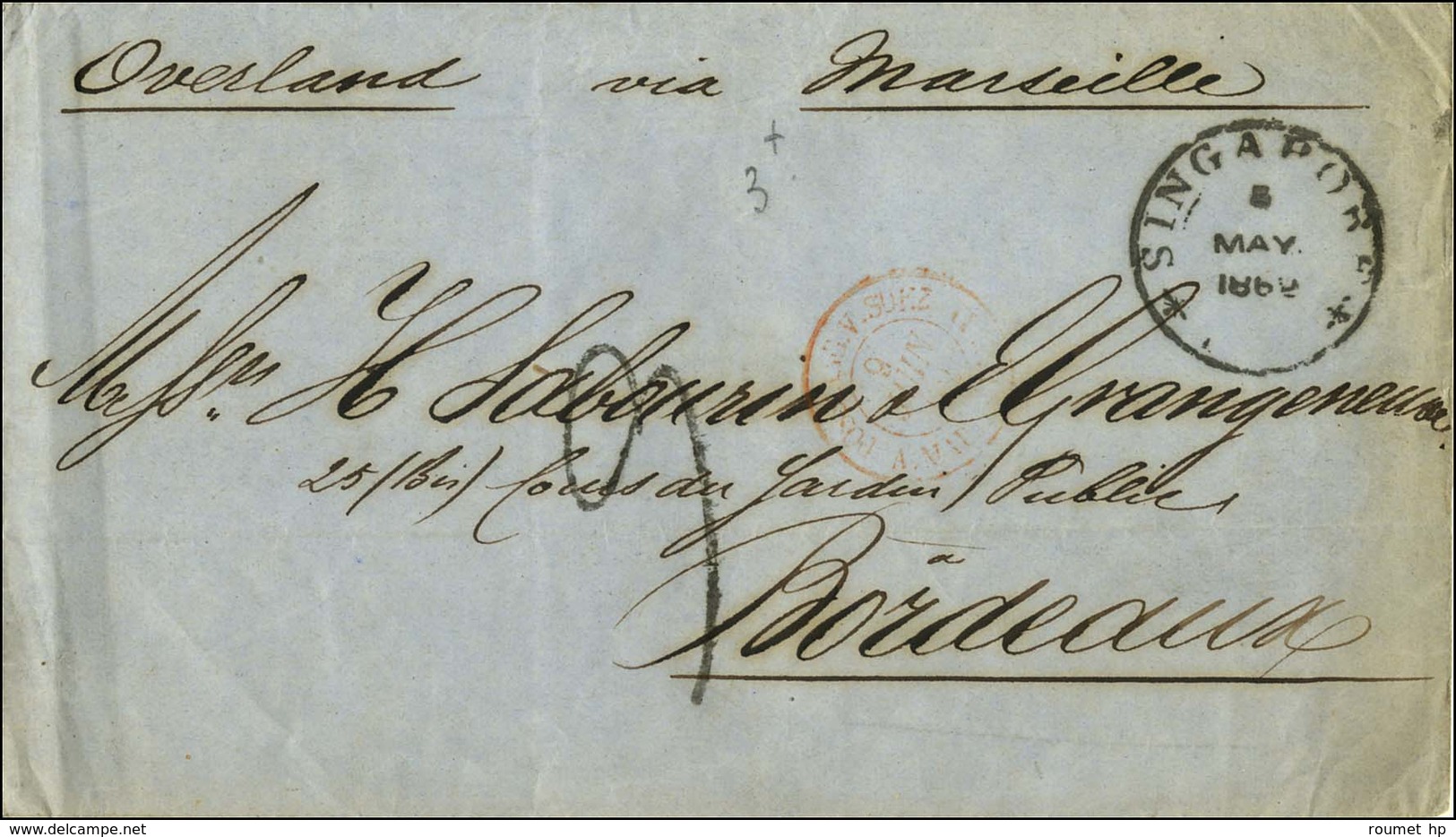 Càd SINGAPORE Et Taxe Tampon 9 Sur Lettre Pour Bordeaux. 1862. - TB. - R. - Other & Unclassified