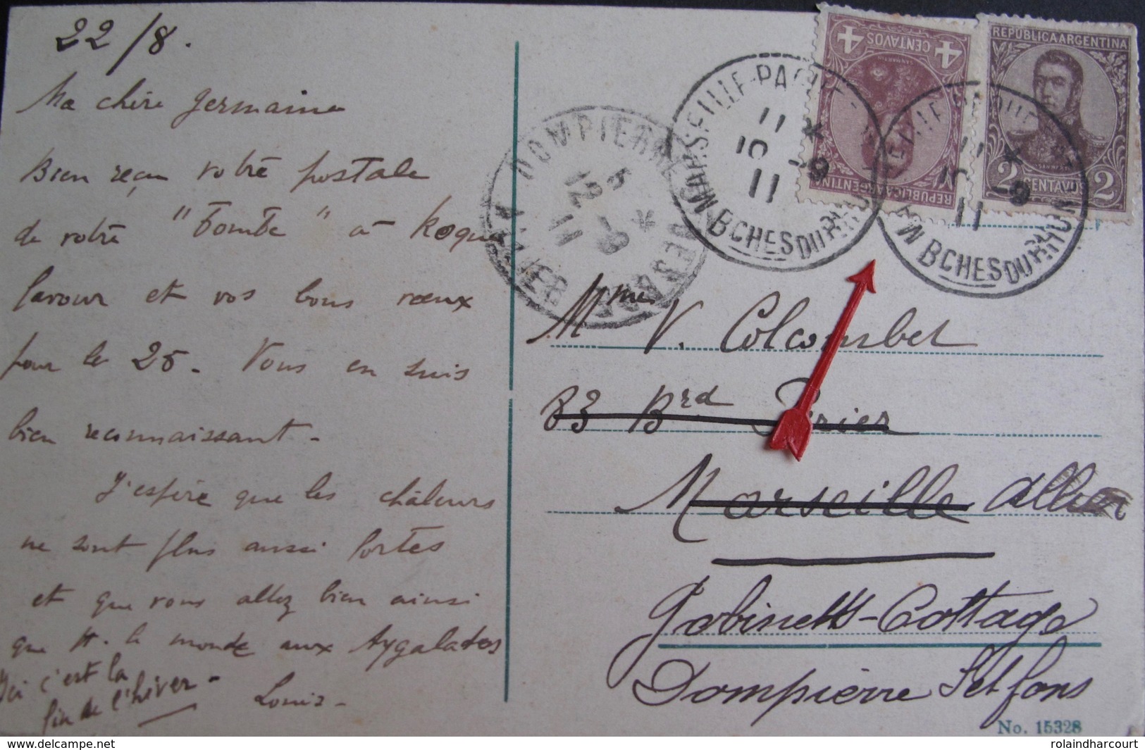 A173 - CPA De BUENOS AIRES (ARGENTINE) - CàD : MARSEILLE PAQUEBOT 10 SEPTEMBRE 1911 - COURRIER POSTE EN PLEINE MER - Lettres & Documents