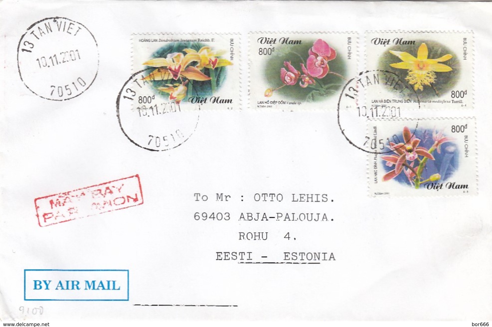 GOOD VIETNAM Postal Cover To ESTONIA 2001 - Good Stamped: Flowers / Orchids - Viêt-Nam