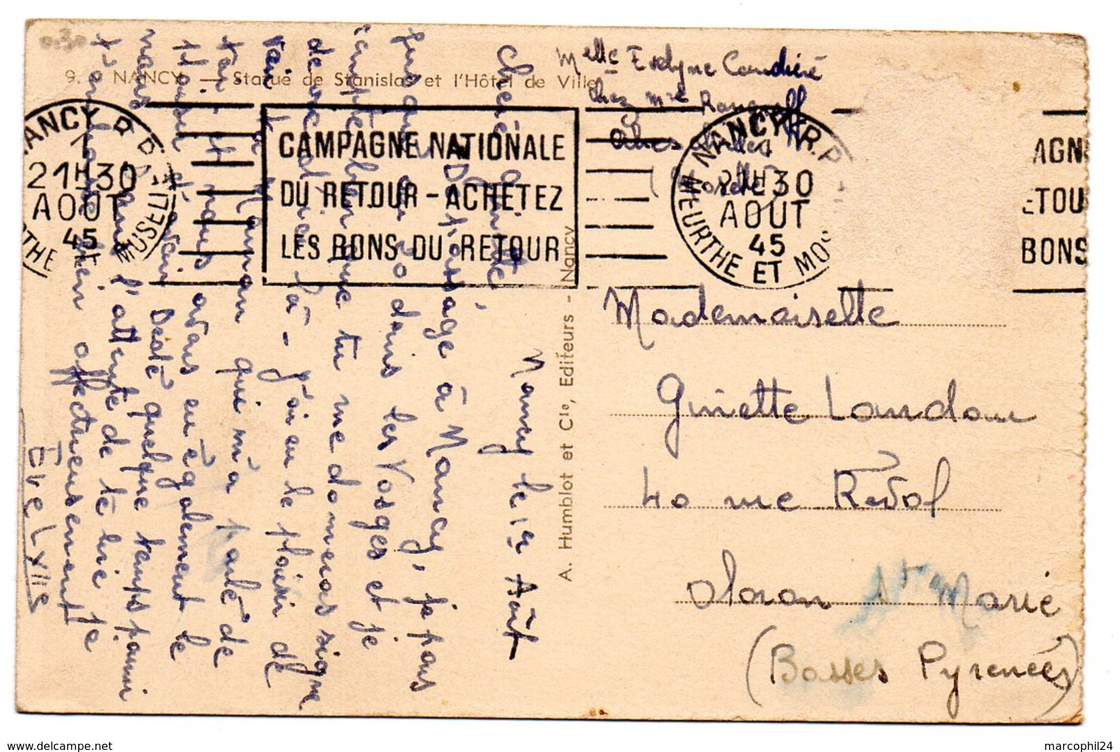 MEURTHE & MOSELLE - Dépt N° 54 = NANCY RP 1945 = FLAMME RBV 'CAMPAGNE NATIONALE DU RETOUR / ACHETEZ LES BONS ' Sur CP - Mechanical Postmarks (Advertisement)