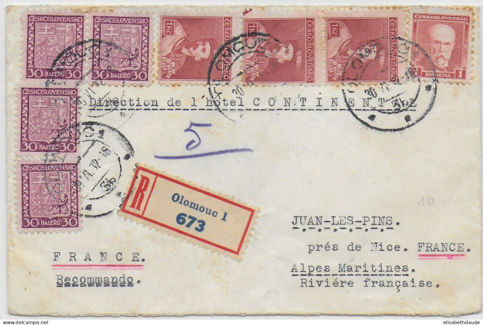 TCHECOSLOVAQUIE - 1932 - LETTRE RECOMMANDEE De OLOMOUC => JUAN LES PINS - Storia Postale