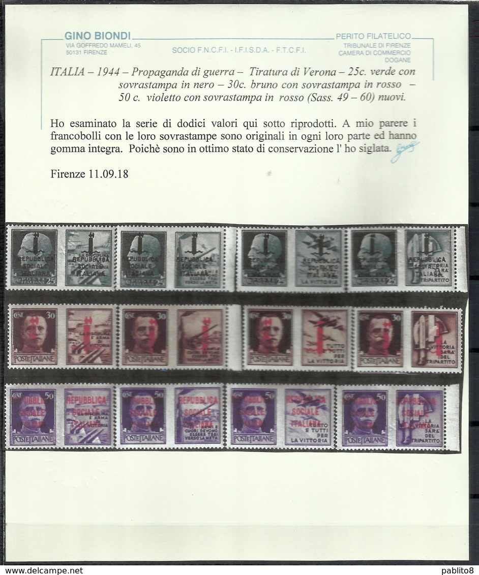 ITALIA REGNO ITALY KINGDOM REPUBBLICA SOCIALE RSI 1944 PROPAGANDA DI GUERRA FASCIO DOPPIO SERIE COMPLETA MNH CERTIFICATO - Propaganda Di Guerra