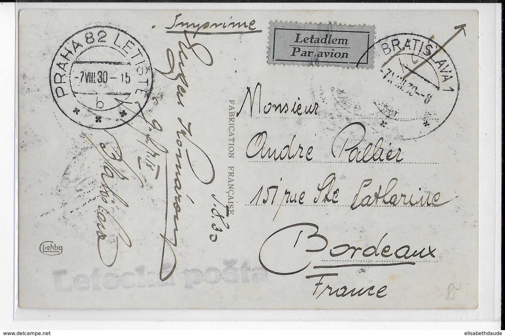 TCHECOSLOVAQUIE - 1930 - CARTE Par AVION De BRATISLAVA => BORDEAUX - POSTE AERIENNE - Covers & Documents