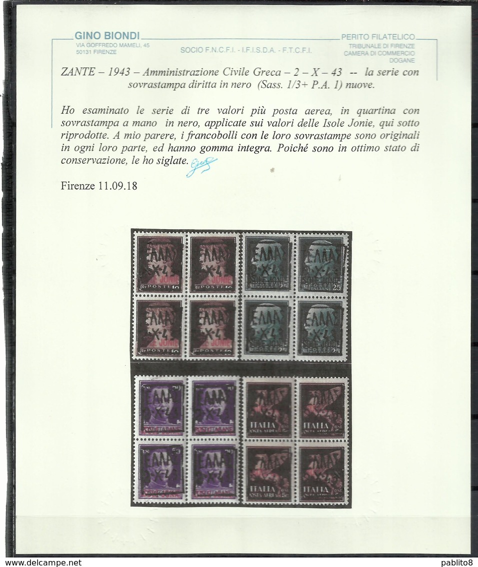 ZANTE 1943 AMMINISTRAZIONE CIVILE GRECA BLACK OVERPRINTED SOPRASTAMPA NERA CENT. 10c QUARTINA BLOCK MNH CERTIFICATO - Occ. Allemande: Zante