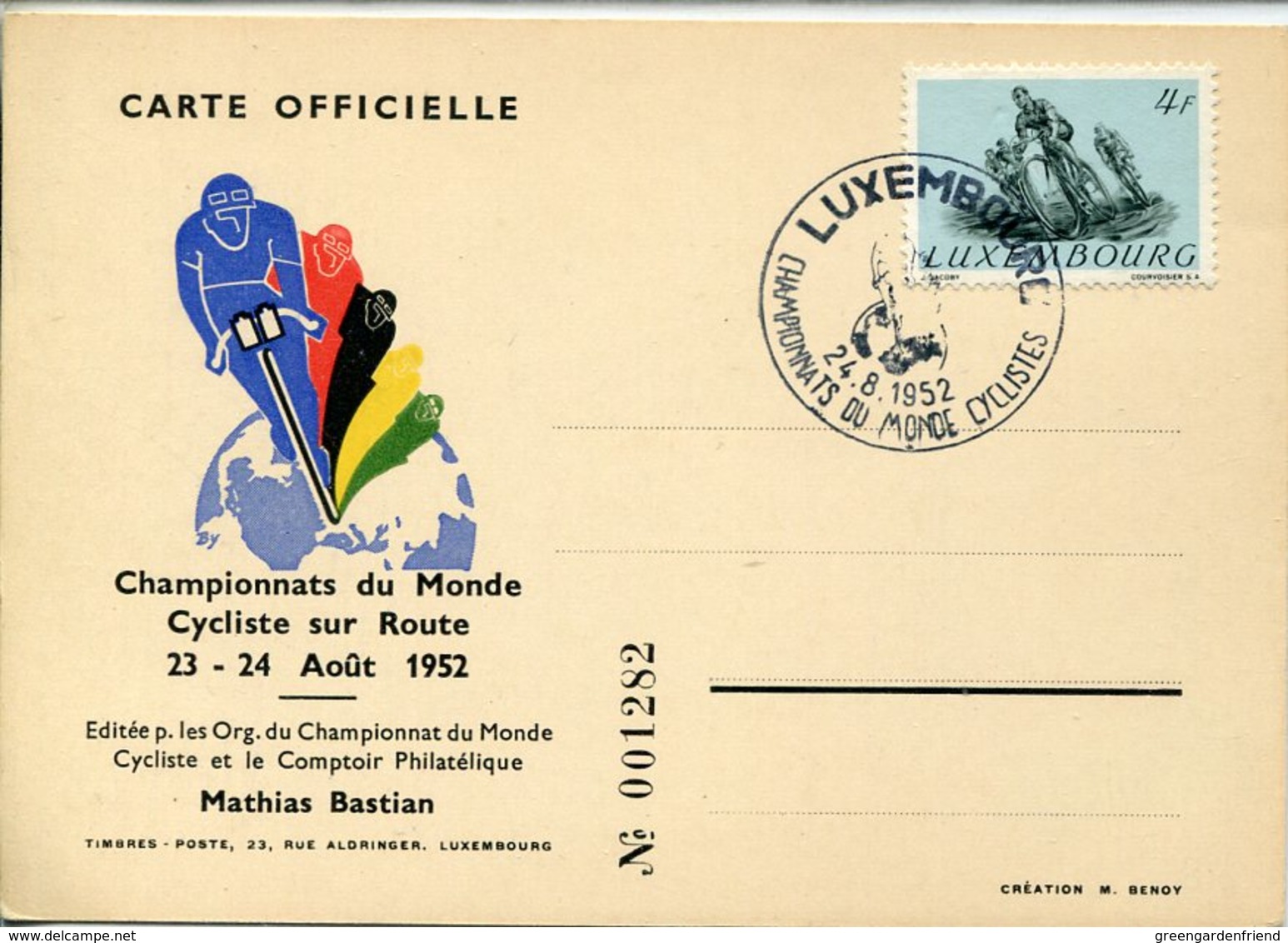 37843 Luxembourg,special Card And Postmark 24.8.1952 Worldcycling Champ. Champ. Du Monde Cyclisme - FDC