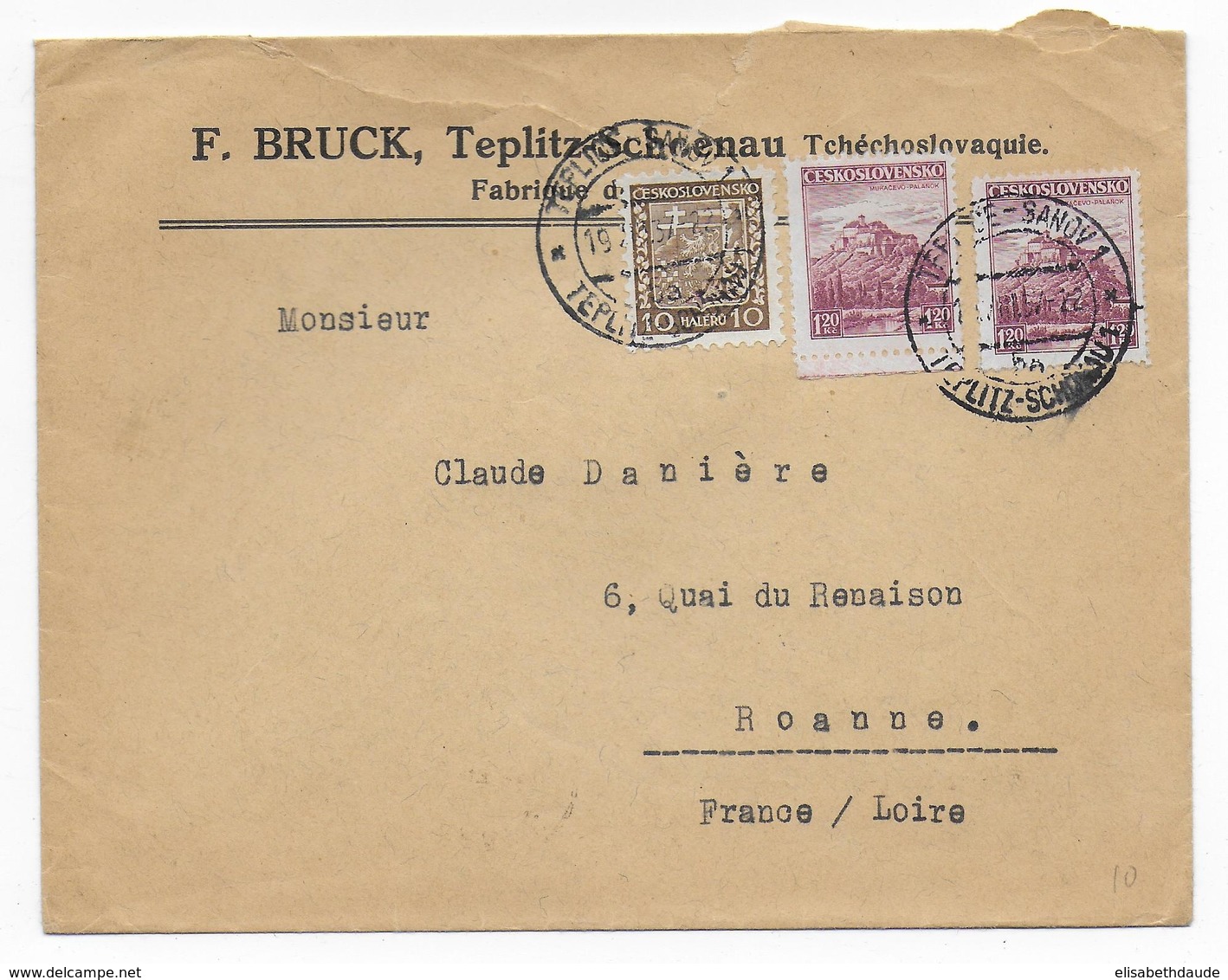 TCHECOSLOVAQUIE - 1937 - ENVELOPPE De TEPLITZ => ROANNE - Cartas & Documentos