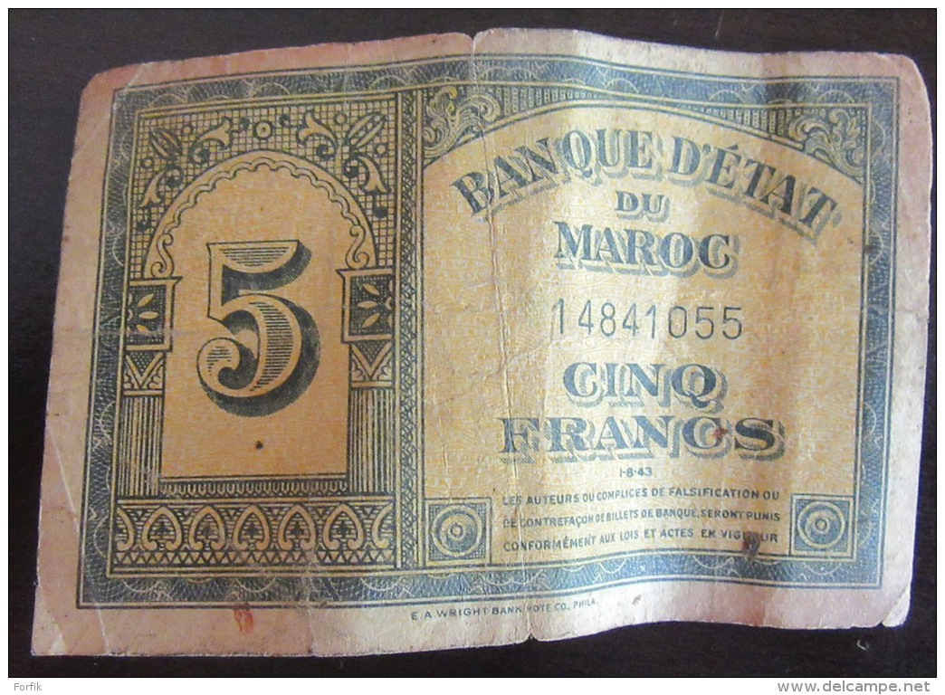 Maroc - Billet De 5 Francs Daté Du 1-8-43 - Etat D'usage - Maroc