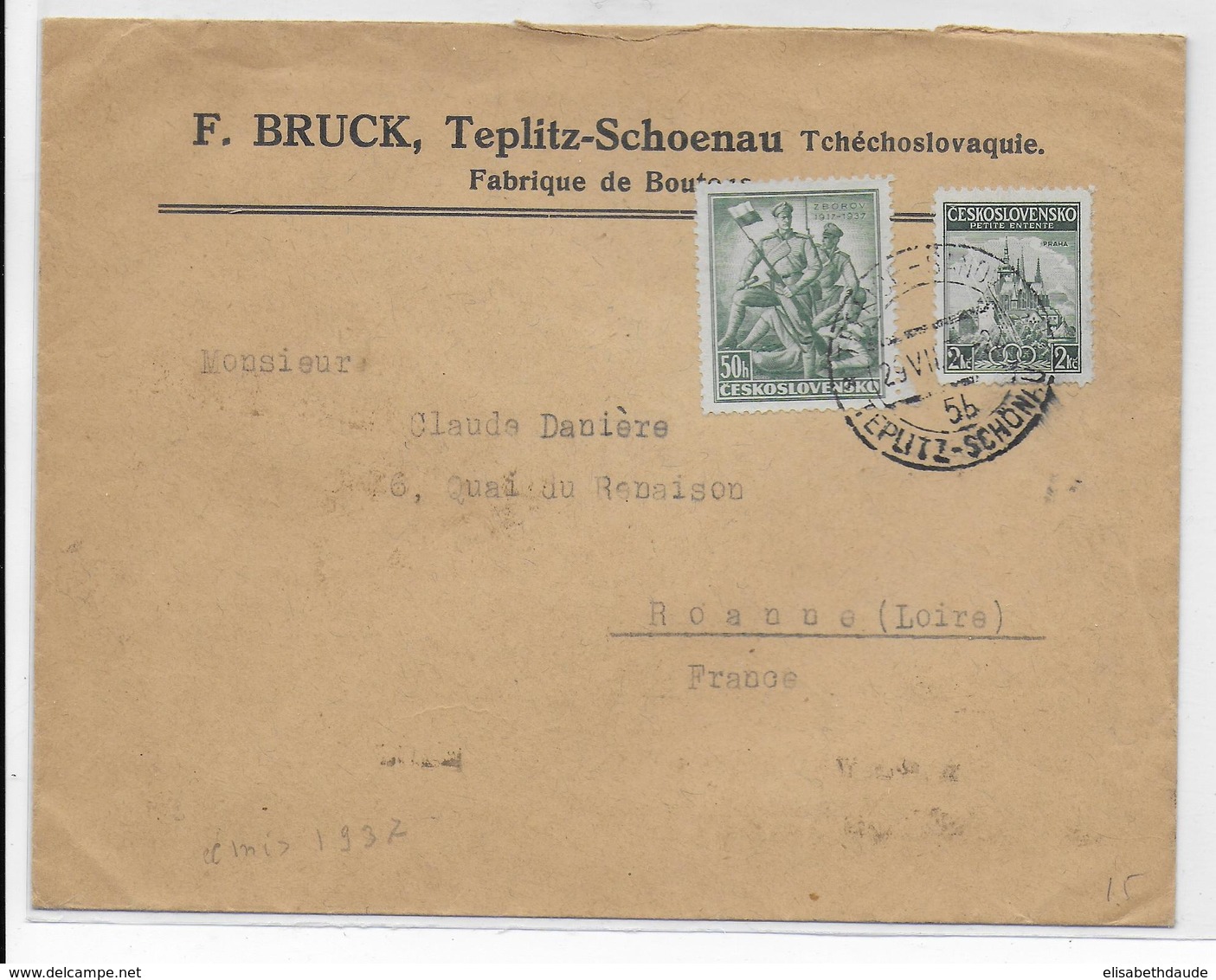 TCHECOSLOVAQUIE - 1937 - ENVELOPPE De TEPLITZ => ROANNE - Cartas & Documentos