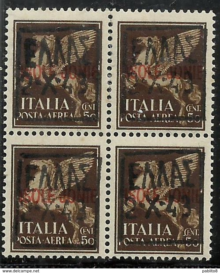 ZANTE 1943 AMMINISTRAZIONE CIVILE GRECA BLACK OVERPRINTED SOPRASTAMPA NERA AEREA CENT.50c QUARTINA BLOCK MNH CERTIFICATO - Occup. Tedesca: Zante