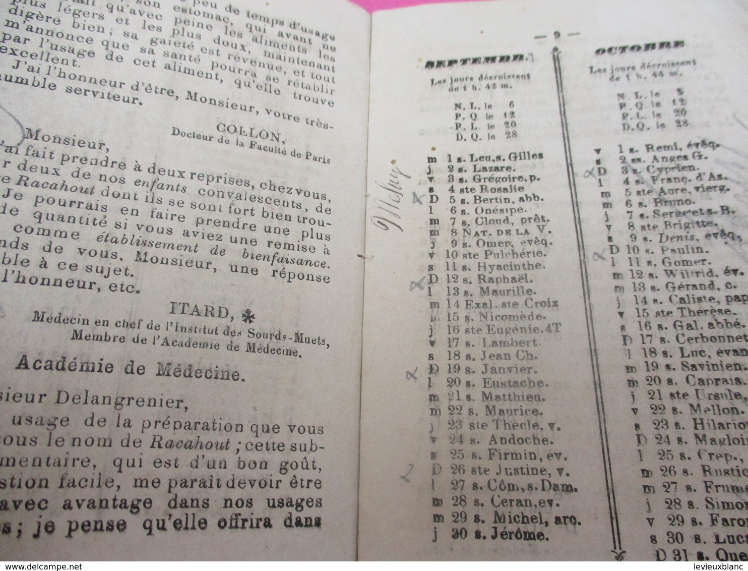 Santé & Hygiéne / Calendrier Des Familles/  Librairie Louis  Janet / Paris/ 1869      CAL406 - Petit Format : ...-1900