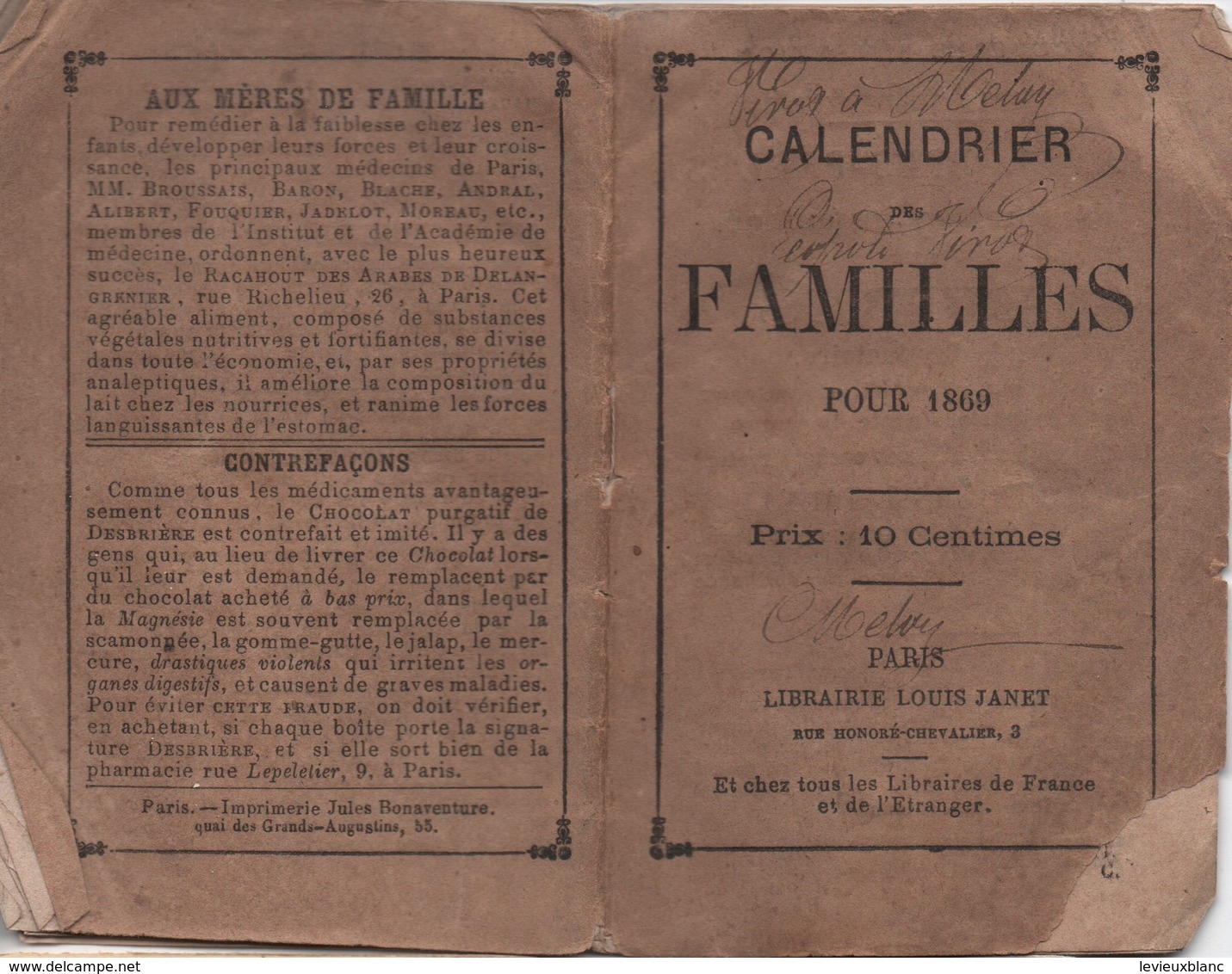 Santé & Hygiéne / Calendrier Des Familles/  Librairie Louis  Janet / Paris/ 1869      CAL406 - Petit Format : ...-1900