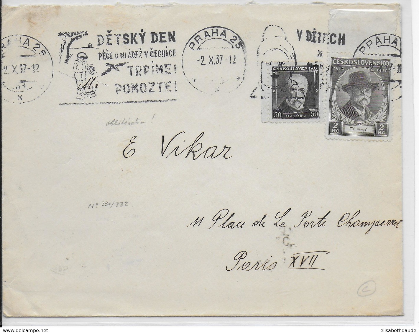 TCHECOSLOVAQUIE - 1937 - MORT DE MASARYK - ENVELOPPE Avec MECA De PRAGUE => PARIS - Storia Postale