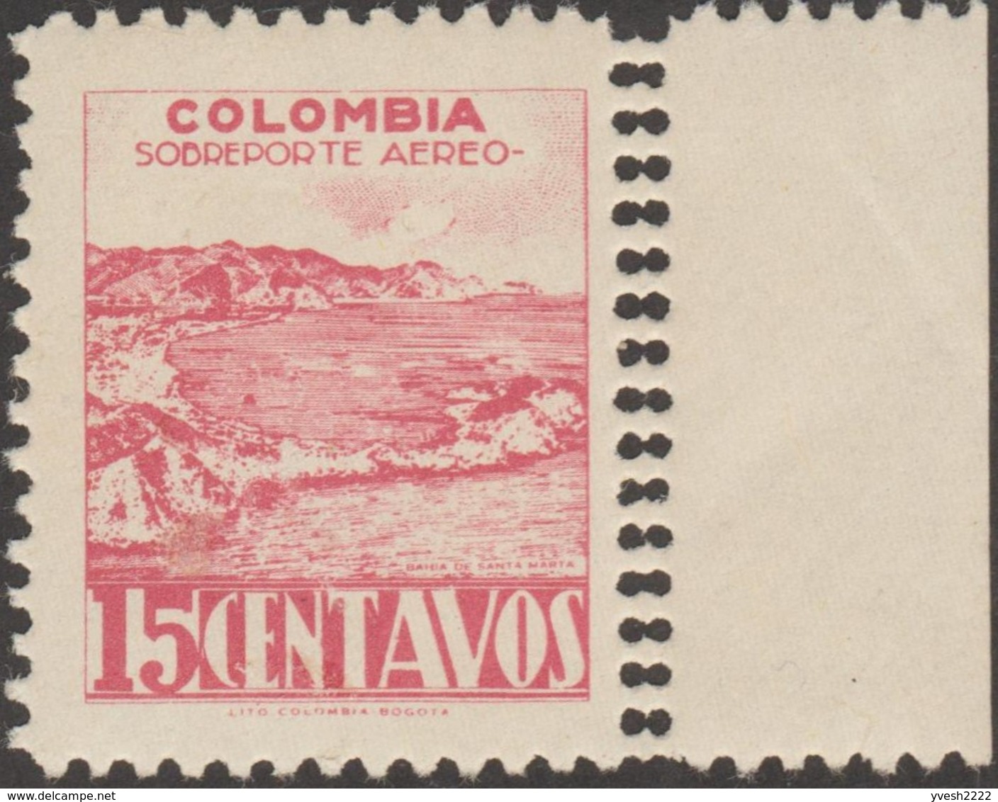 Colombie 1945 Y&T PA 143. Curiosité, Double Perforation Verticale à Droite. Tourisme, Baie De Santa Marta, Vue De La Mer - Other & Unclassified