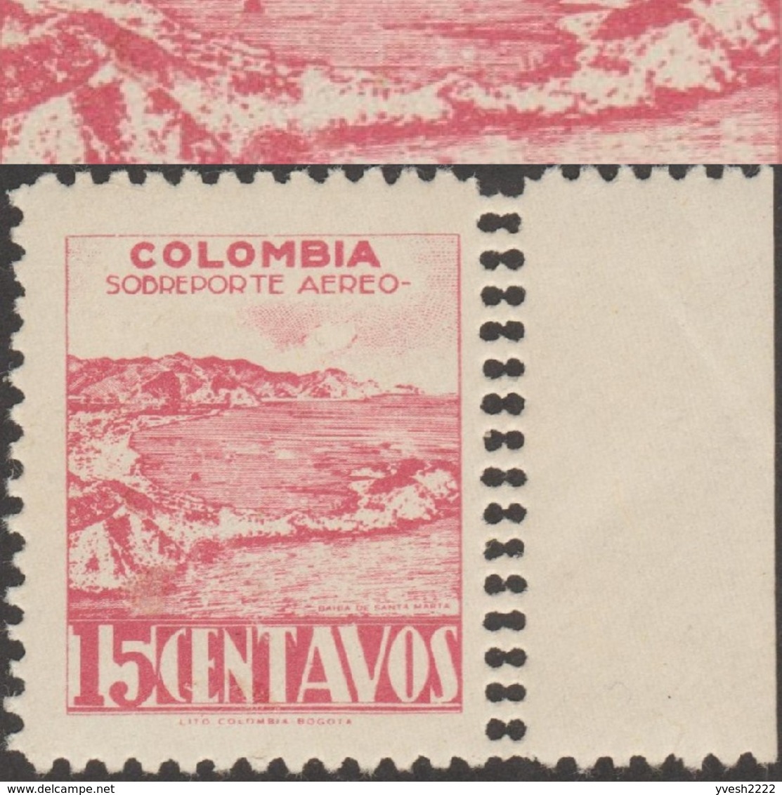 Colombie 1945 Y&T PA 143. Curiosité, Double Perforation Verticale à Droite. Tourisme, Baie De Santa Marta, Vue De La Mer - Other & Unclassified