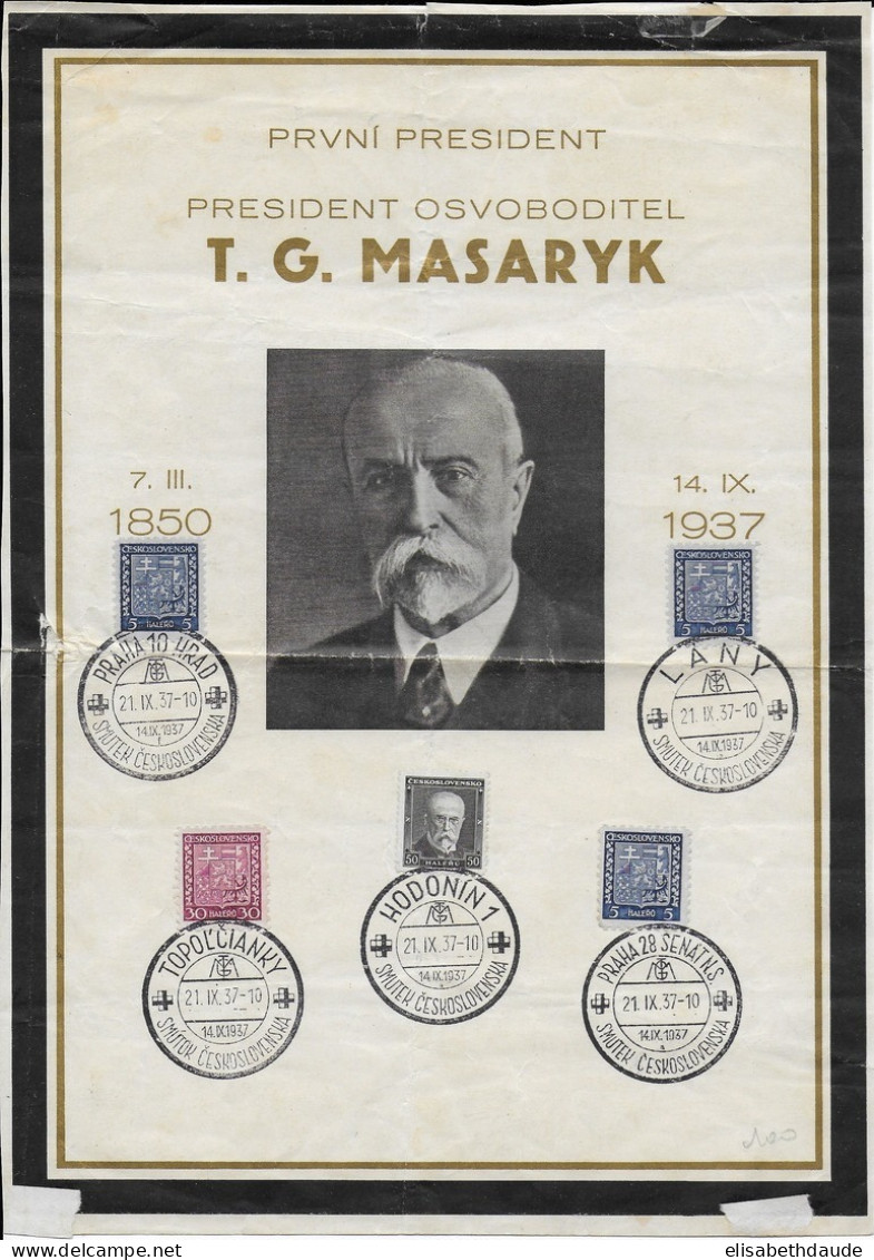 TCHECOSLOVAQUIE - 1937 - MORT DE MASARYK - 5 OBLITERATIONS SPECIALES Du DEUIL Sur DOCUMENT SPECIAL - Lettres & Documents