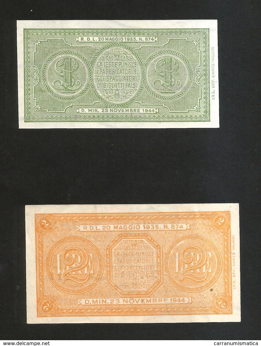 ITALIA - 1 & 2 LIRE ITALIA LAUREATA - (Firme: Bolaffi / Cavallaro / Giovinco - Decr. 23/11/1944) Lotto Di 2 Banconote - Italië – 2 Lire