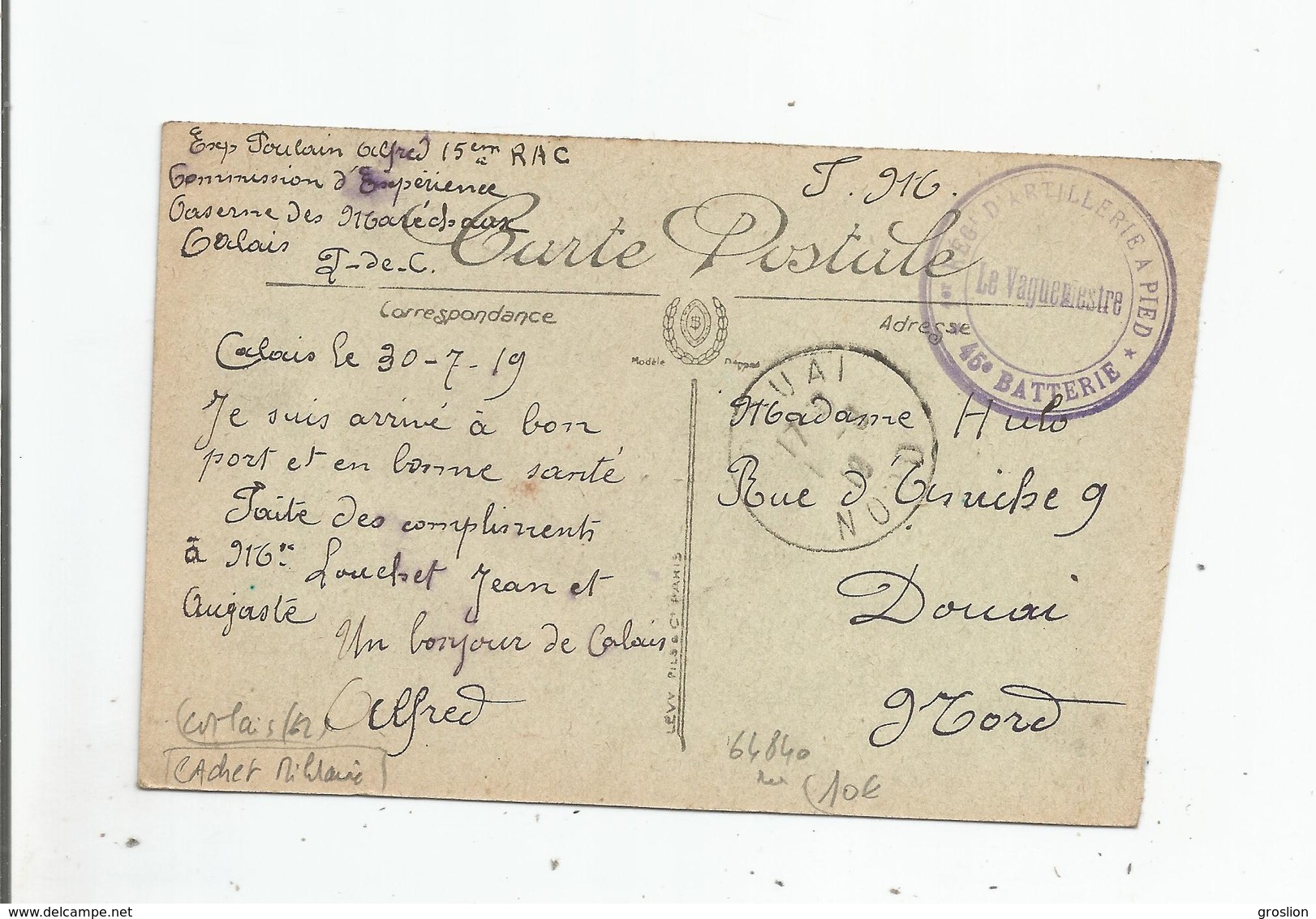 CARTE AVEC CACHET MILITAIRE 1 ER REGT D'ARTILLERIE A PIED 45 E BATTERIE CIRCULEE 1919 - Guerre De 1914-18