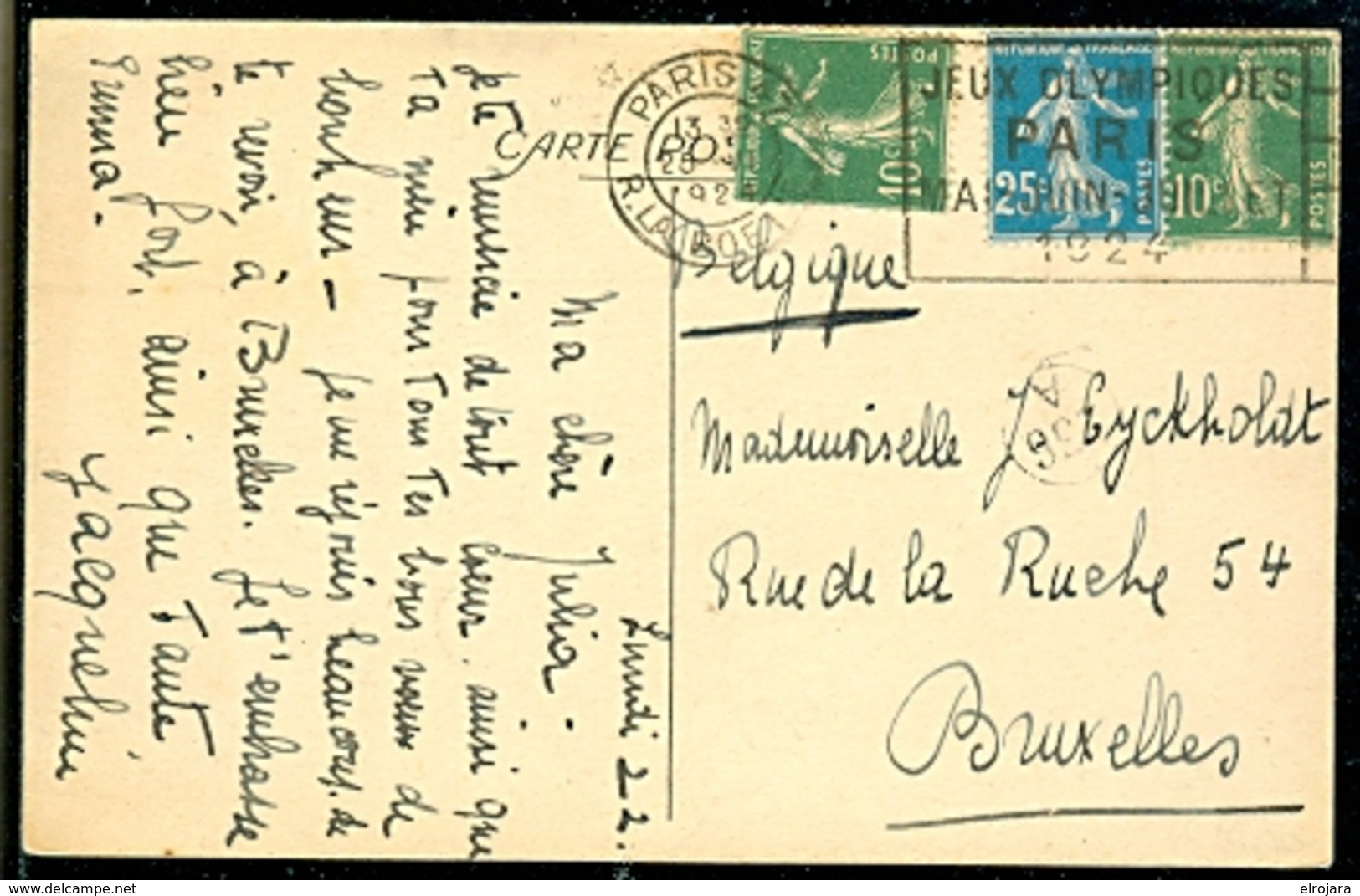FRANCE Olympic Machine Cancel Paris 47 R. LA BOETIE On Very Nice Postcard Send To Belgium - Estate 1924: Paris