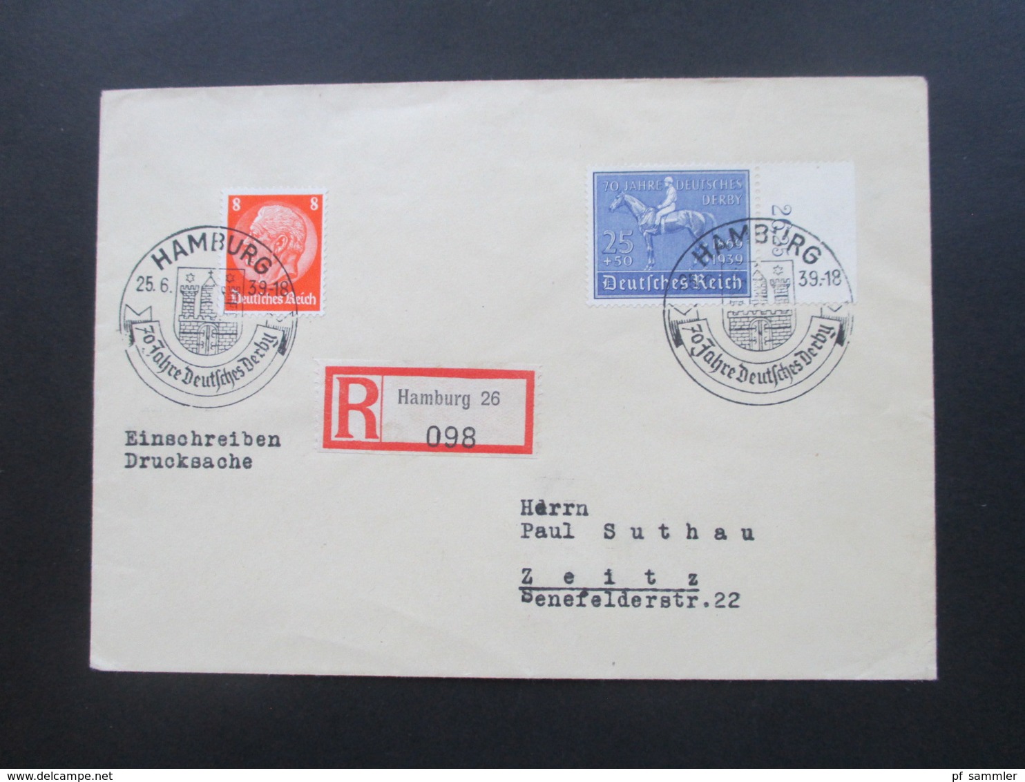 3.Reich 1939 Nr. 698 70 Jahre Deutsches Derby Randstück! SST Hamburg Einschreiben Drucksache Hamburg 26 MiF Hindenburg - Briefe U. Dokumente