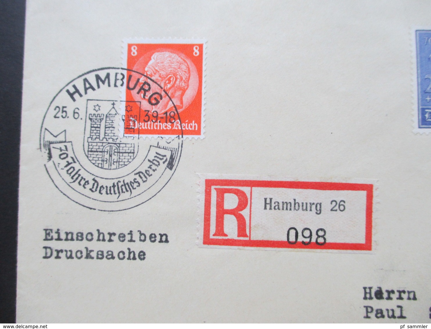 3.Reich 1939 Nr. 698 70 Jahre Deutsches Derby Randstück! SST Hamburg Einschreiben Drucksache Hamburg 26 MiF Hindenburg - Briefe U. Dokumente