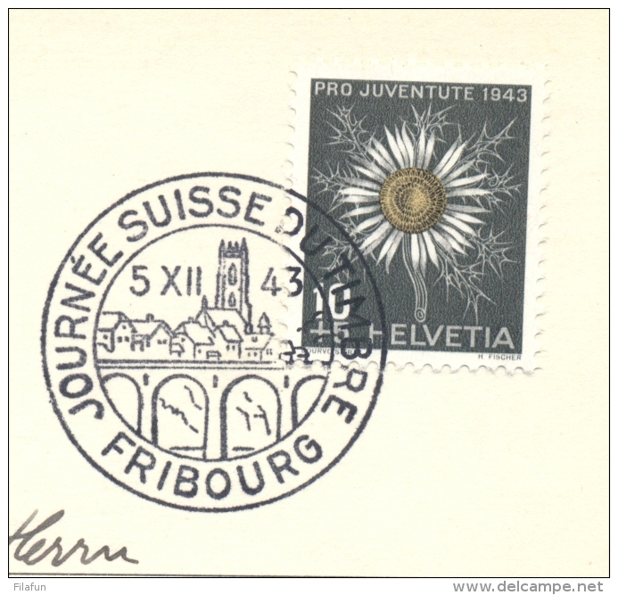 Schweiz - 1943 - 10c Pro Juventute - Tag Der Briefmarke - From Fribourg To Bern - Briefe U. Dokumente