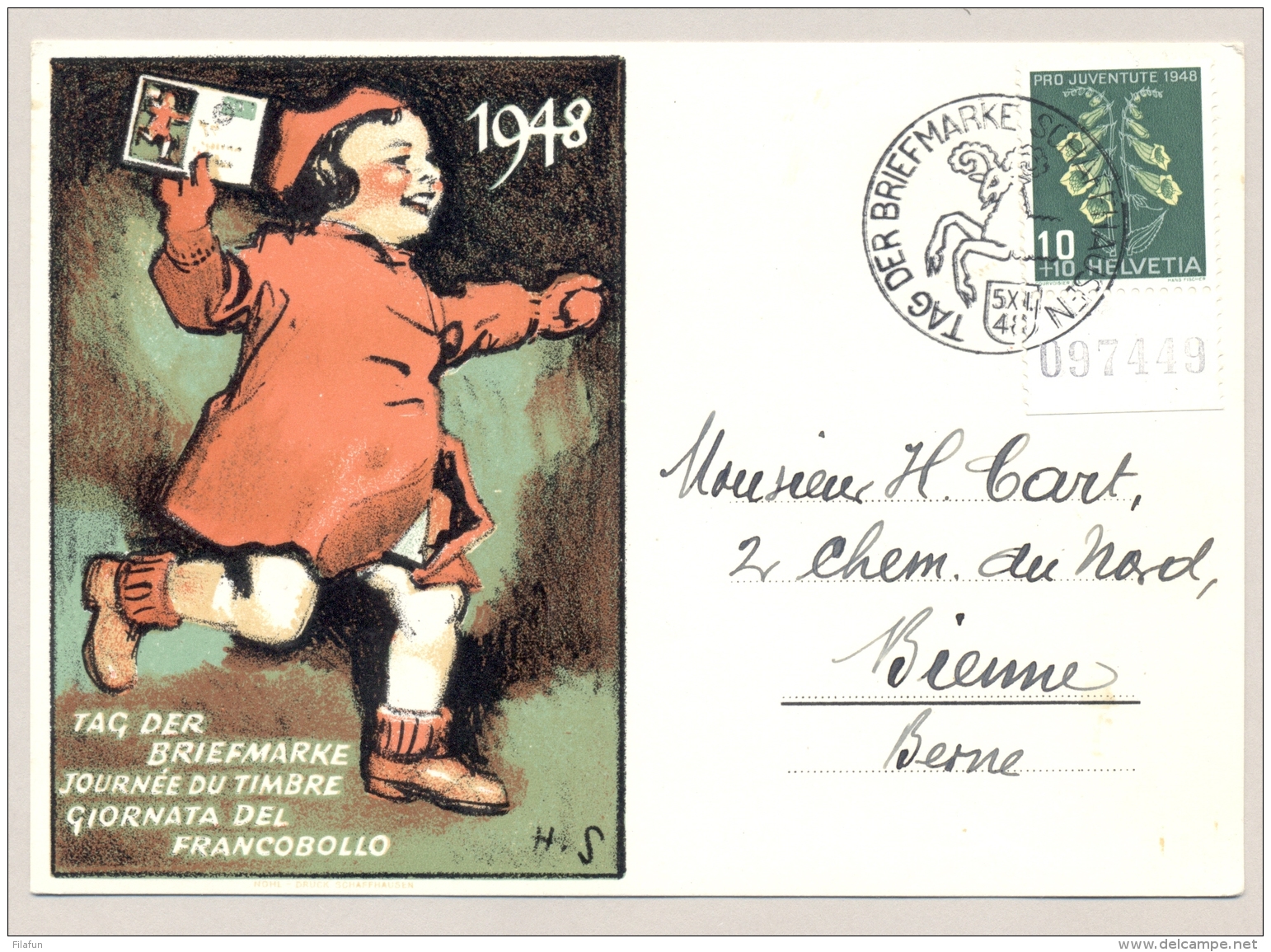 Schweiz - 1948 - 10c Pro Juventute - Tag Der Briefmarke - From Schaffhausen To Bern - Briefe U. Dokumente