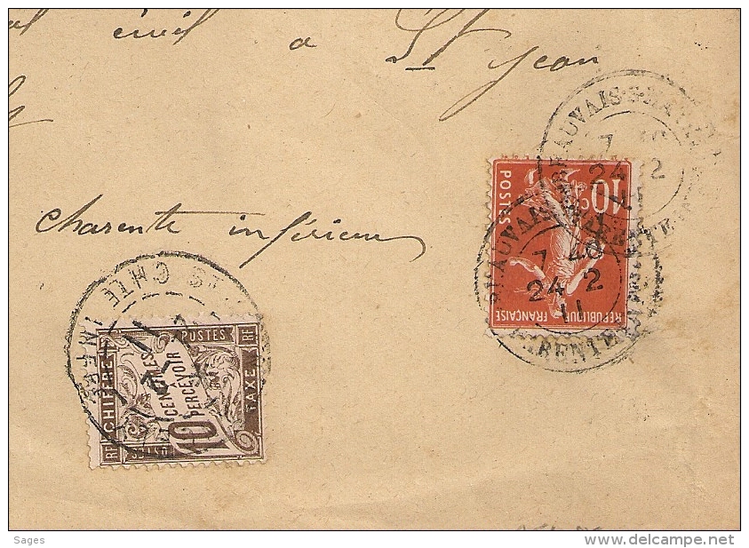 PAPIER D'AFFAIRE, TAXE 10C,  ST JEAN D'ANGELY Charente Inférieure Sur Enveloppe BEAUVAIS S MATHA - 1859-1959 Lettres & Documents