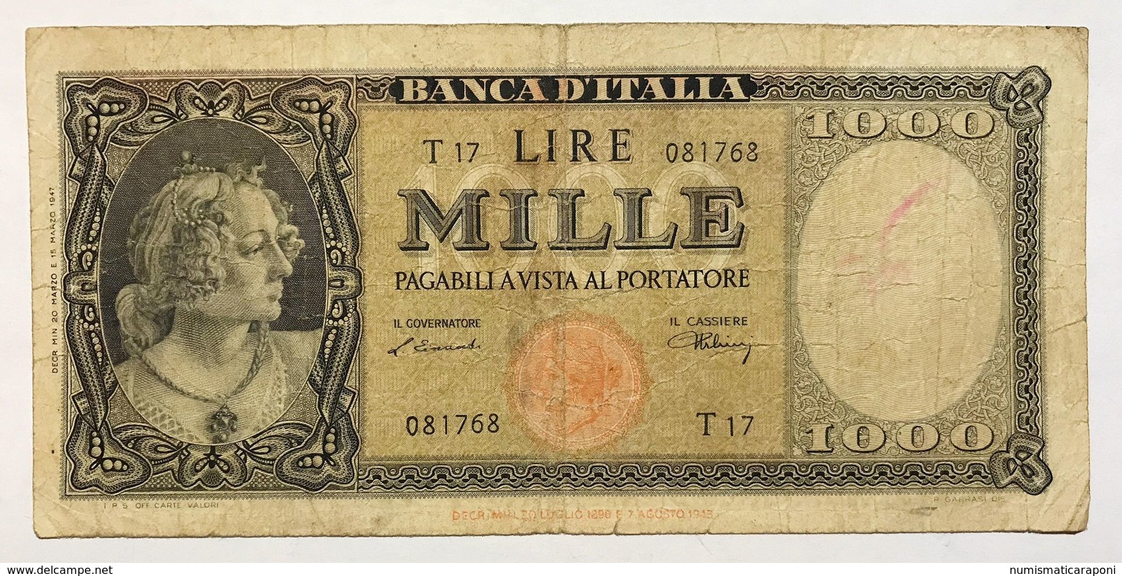 1000 LIRE ITALIA 20 03 1947 TESTINA Pressata MB  RARA LOTTO 2315 - 1000 Lire