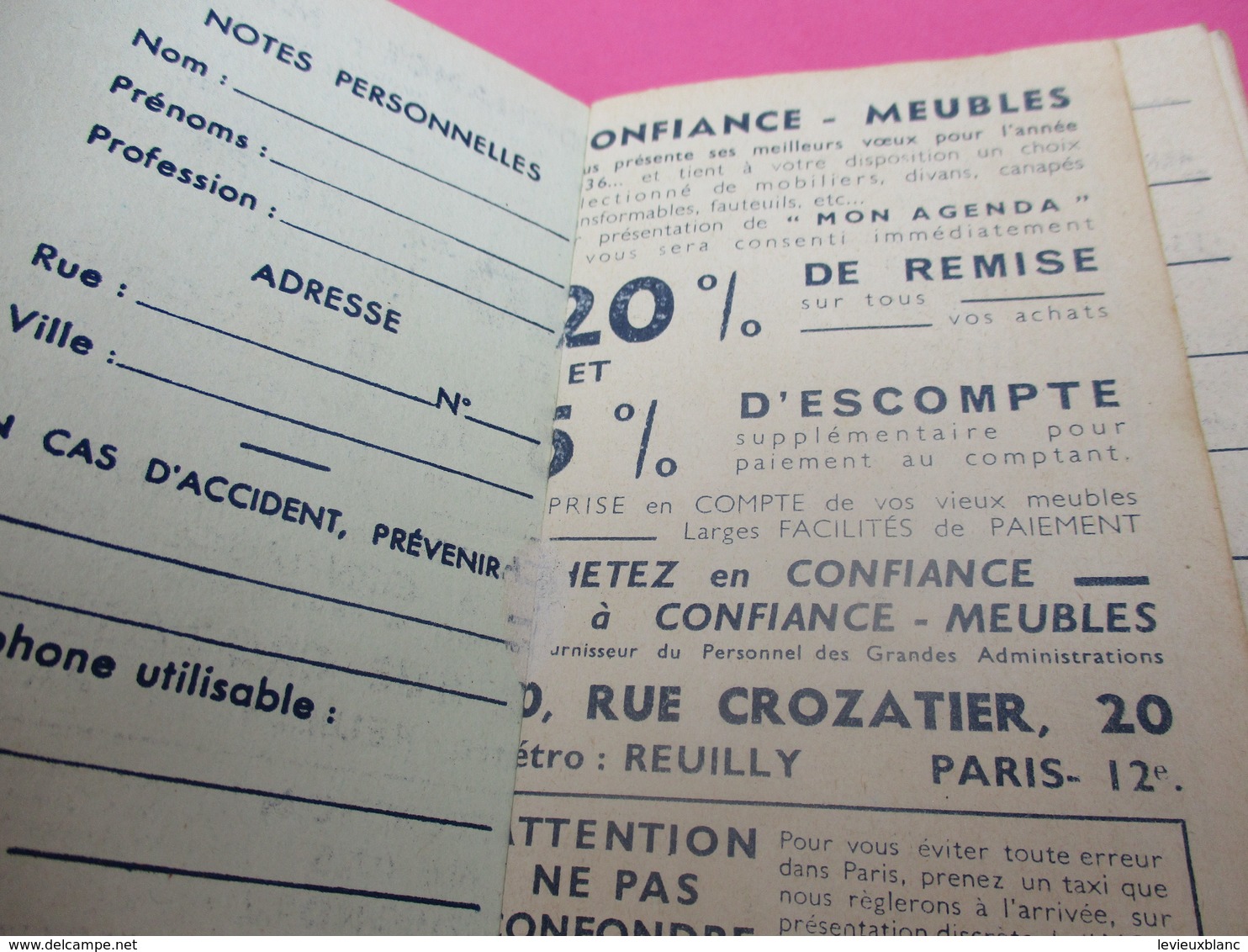 Ameublement/Petit Agenda Ancien / Mon Agenda / Confiance Meubles/ Rue CROZATIER/ Paris // 1936         CAL411 - Klein Formaat: 1921-40