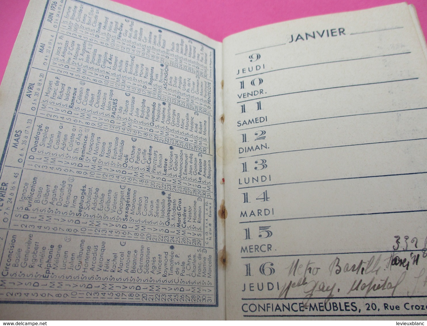 Ameublement/Petit Agenda Ancien / Mon Agenda / Confiance Meubles/ Rue CROZATIER/ Paris // 1936         CAL411 - Small : 1921-40