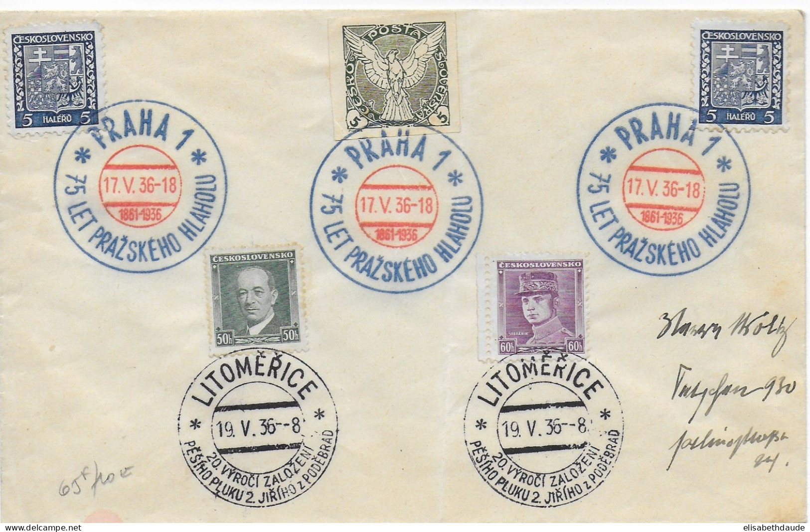 TCHECOSLOVAQUIE - 1936 - ENVELOPPE Avec OBLITERATION SPECIALE BICOLORE De PRAGUE + LITOMERICE - Cartas & Documentos