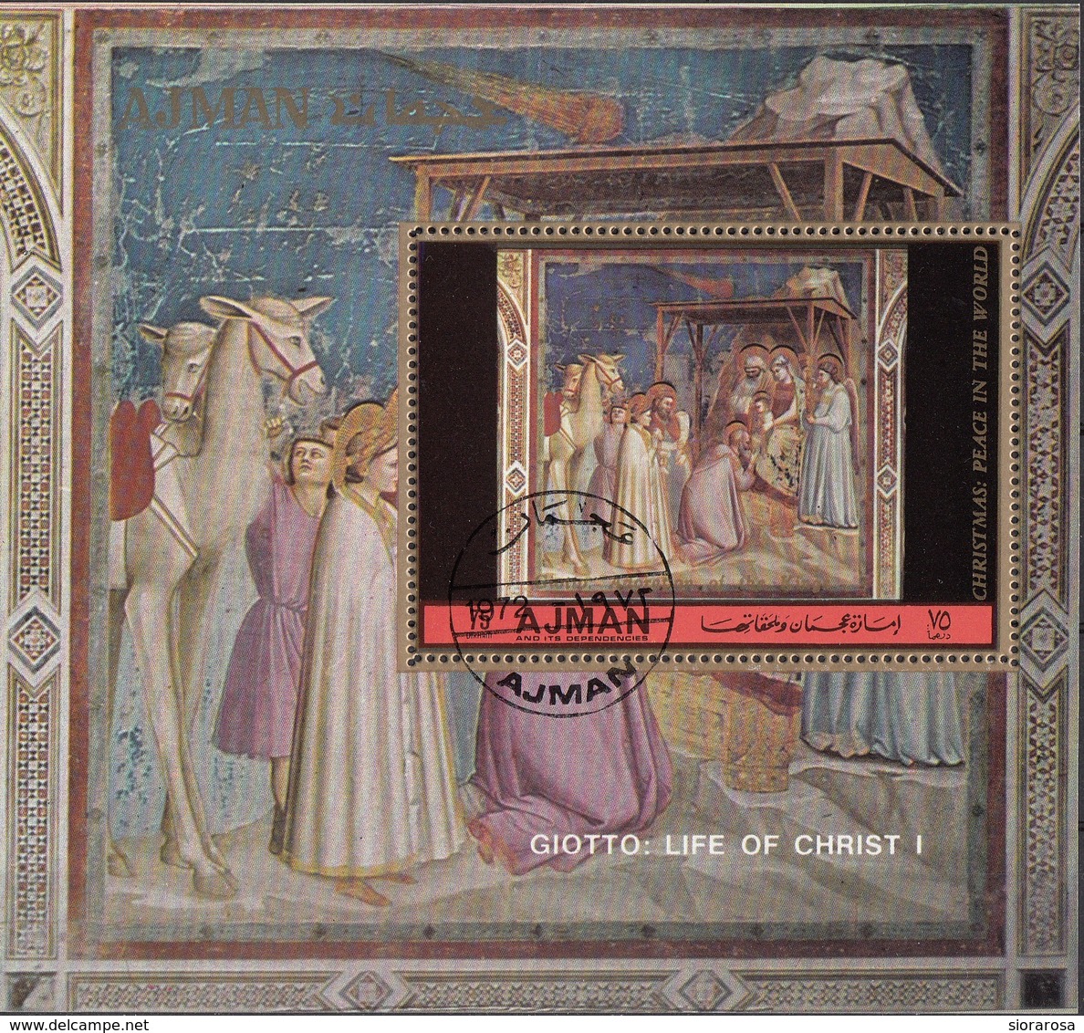 Ajman 1972 Mi. Bf. 387A "Vita Di Cristo : Adorazione Dei Magi" Affresco Dipinto Giotto Bondone Painting Tableaux Perf. - Quadri