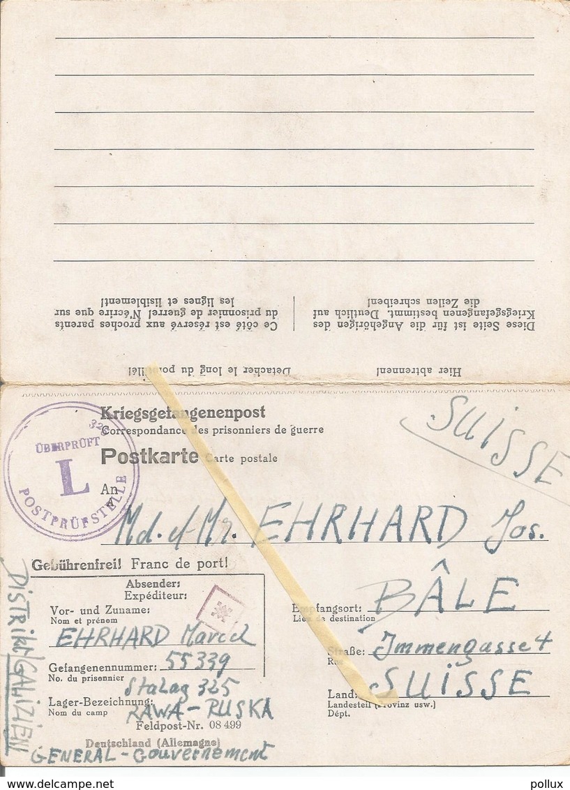 Kriegsgefangenenpost Prisonnier 1942 Stalag 325 Rawa-Ruska Feldpost 08 499 +réponse+ Censures Vers Suisse (2 Scans) - Documents