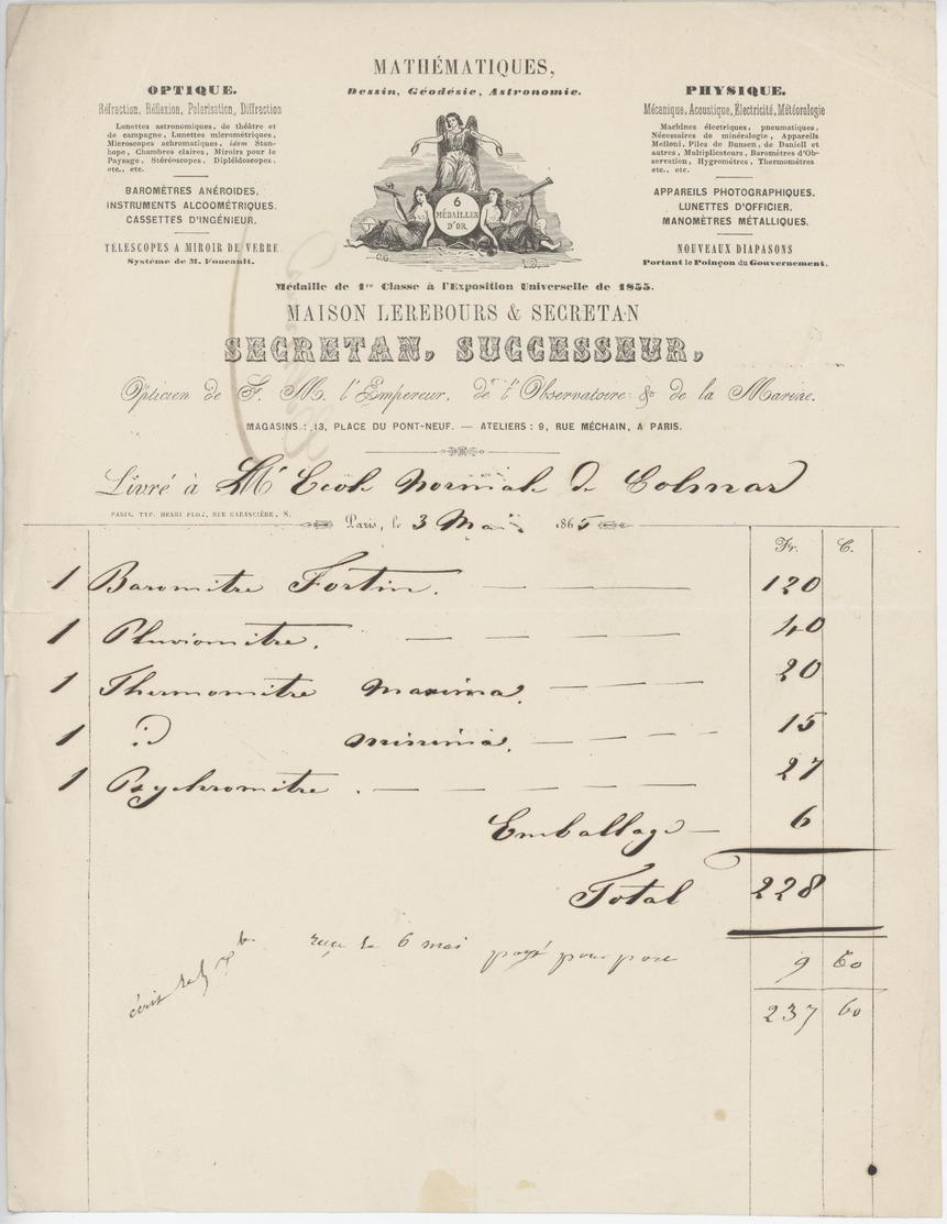 Paris 1865 Maison Lerebours & Secretan Mathématiques Optique Phisique Facture Illustrée - Other & Unclassified